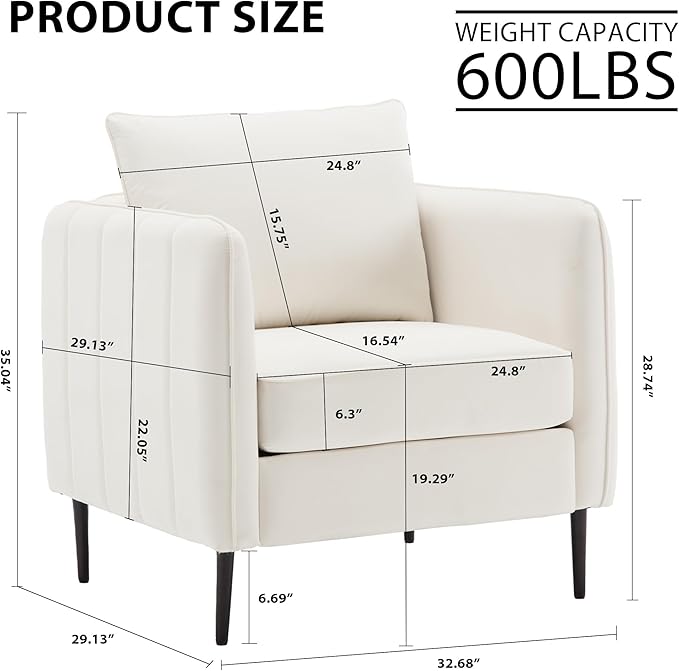Leather Accent Chair Mid Century Modern PU Leather High Back Armchair for Living Room Chairs with Solid Wood Legs for Small Spaces Bedroom Office (Ivory-Velvet 29.13D x 32.68W x 35.04H)