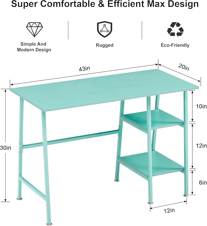 VECELO 43 Inch Computer Desk Writing Study Work Office Table Modern Desk with Shelves Wooden Desk for Home BedroomBlue Desk