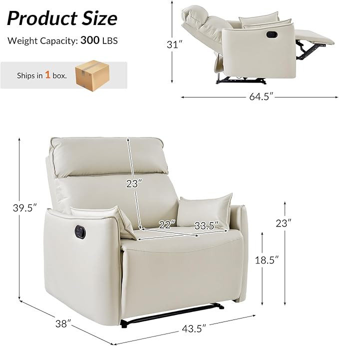 HULALA HOME Faux Leather Oversized Recliner Chair Manual Pushback Recliner with Extra Wide Seat and Thick Padded Backrest for Living Room Ivory