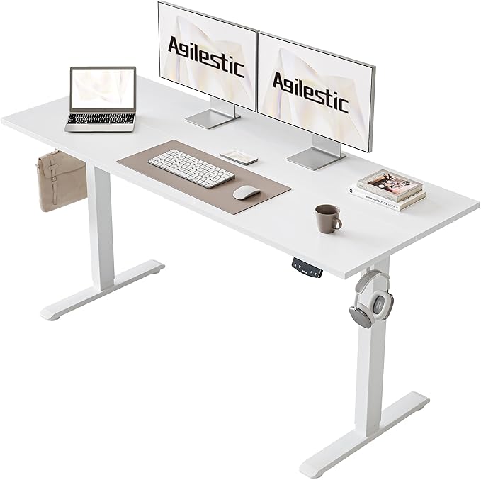 Agilestic Electric Standing Desk 55 x 24 Inches Height Adjustable Desk Sit Stand up for Work Office Home Ergonomic Rising Computer Table with Memory Preset White
