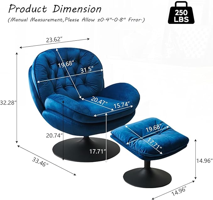 Swivel Accent Chair with Ottoman Set Velvet Modern Lounge Chair with Metal Base Frame &amp Footrest Comfy Lazy Single Leisure Armchair Reading Chair with 360 Swiveling For Living Room/Bedroom/Blue