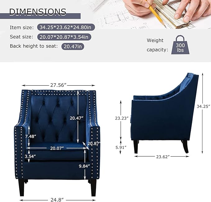 Velvet Accent Chair Modern and Cozy Sofa Chair with Wood Legs Tufted Accent Armchair for Living RoomBedroomOfficeGuest Room SapphireBlue