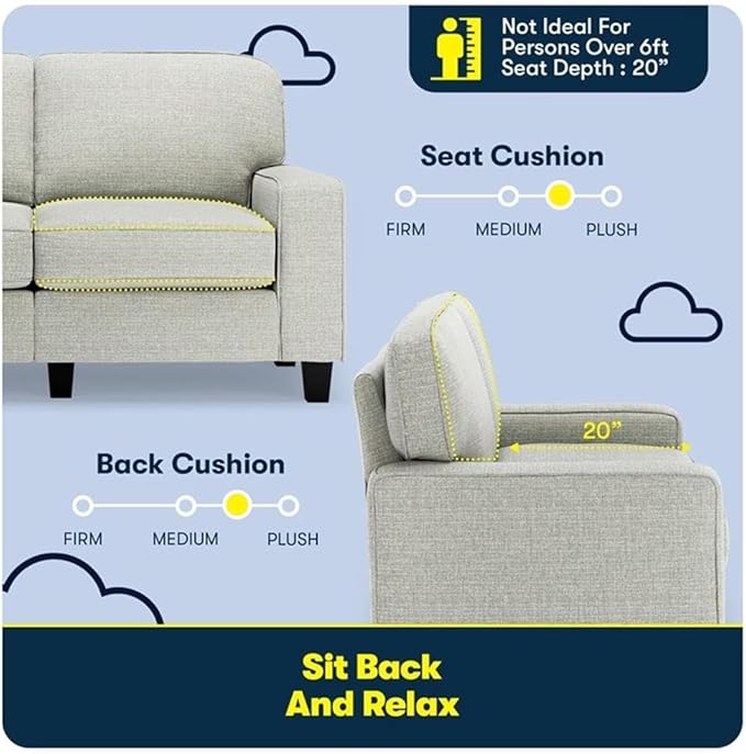 Pemberly Row 61 Track Arm Sofa Loveseat Pebble Gray Removable Covers Anti-Pilling Polyester Upholstery Compact Space-Saving Design Solid Wood Frame Modern Classic for Living Room or Home Office
