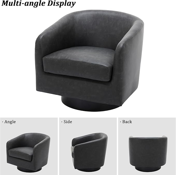 Swivel Barrel Chair Modern Round PU Leather Accent Armchair for Living Room Bedroom Oversized Comfy Club Reading Chairs for Adults (Leather Black Grey Set of 1)