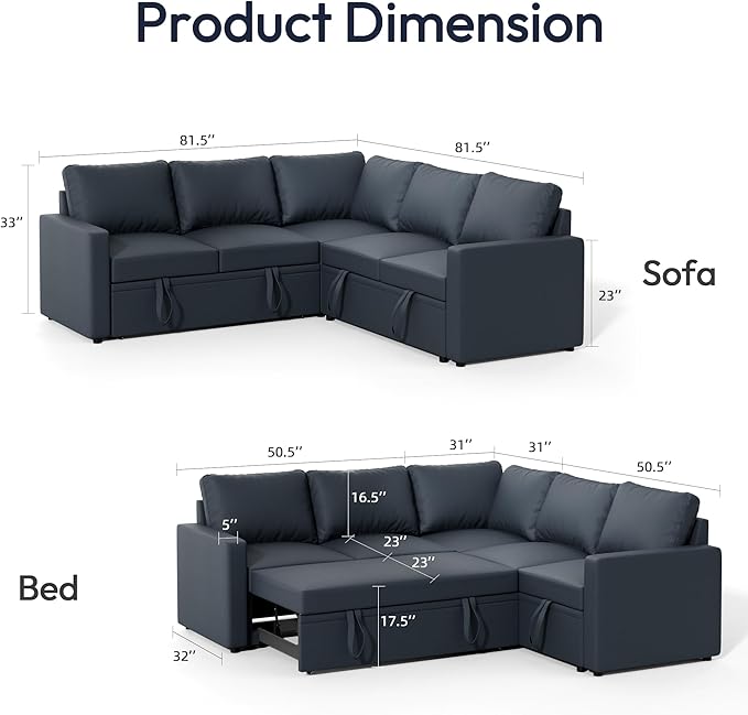 FONTOI Sleeper Sofa Bed Modular Sectional Couch with Pull Out Bed L Shaped Sectional Convertible SofaBed with Storage Seat for Living Room Apartment Bedroom Office Dark Gray Linen