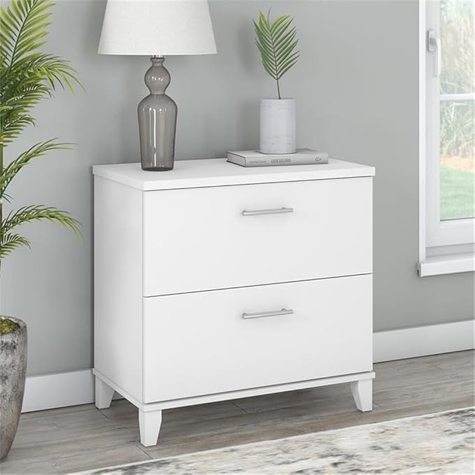 Pemberly Row 2 Drawer Lateral File Cabinet Engineered Wood White Finish 30W x 17D x 29H Full-Extension Ball Bearing Slides Transitional Style Home Office Filing Cabinet for Legal and Letter
