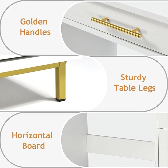 4 EVER WINNER White Desk with Drawers and Golden Handles 43 Home Office Desks with Drawers Computer Wrighting Table with Storage for Bedroom White and Gold Desk