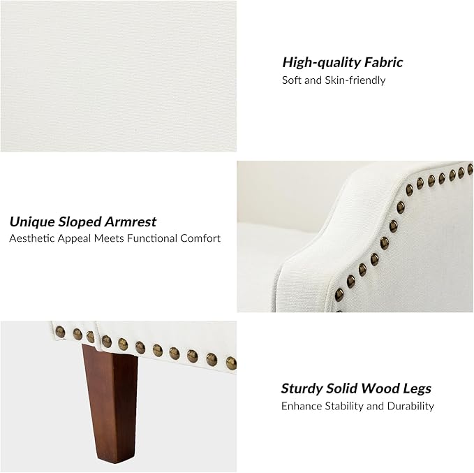 HULALA Home Accent Chair with Swoop Arms Upholstered Armchair with Removable Cushion &amp Solid Wood Legs Nailhead Trim Single Sofa Chair Reading Chair for Living RoomLounge Room Ivory