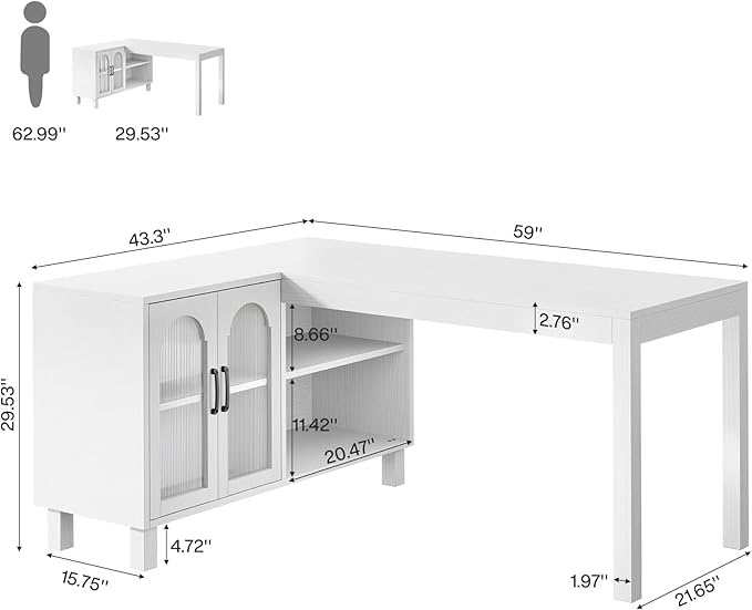 Tribesigns L-Shaped Desk with File Cabinet 59-Inch Executive Office Desk with Storage Shelves Wooden Study Writing Desk Farmhouse Corner Computer Desk for Home Office White