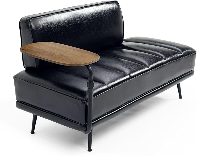 55 Modern Faux Leather Loveseat with 360° Swivel Side Table Mid-Century Tufted 2-Seater Sofa Bench for Living Room Entryway with Metal Legs and Backrest