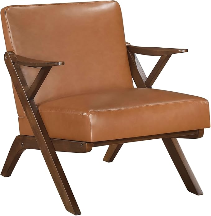Lexicon Mid Century Modern Accent Chair Faux Leather Upholstered Lounge Seat Brown Finish Solid Wood Framed Comfy Side Chair for Living Room/Bedroom/Office/Waiting Area Brown