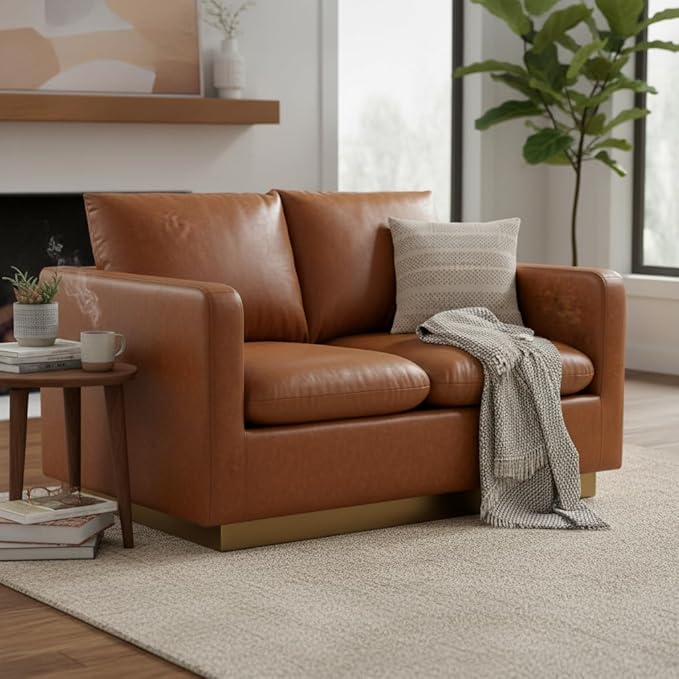 LeisureMod Nervo Modern Upholstered Leather Loveseat Sofa 2-Seater Living Room Couch with Gold Metal Base and Removable Cushions Small Space Furniture for Living Room Office Cognac Tan