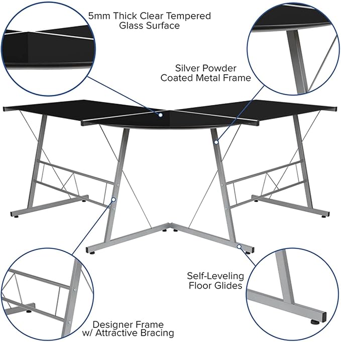 Flash Furniture Black Glass L-Shape Corner Computer Desk with Silver Metal Frame
