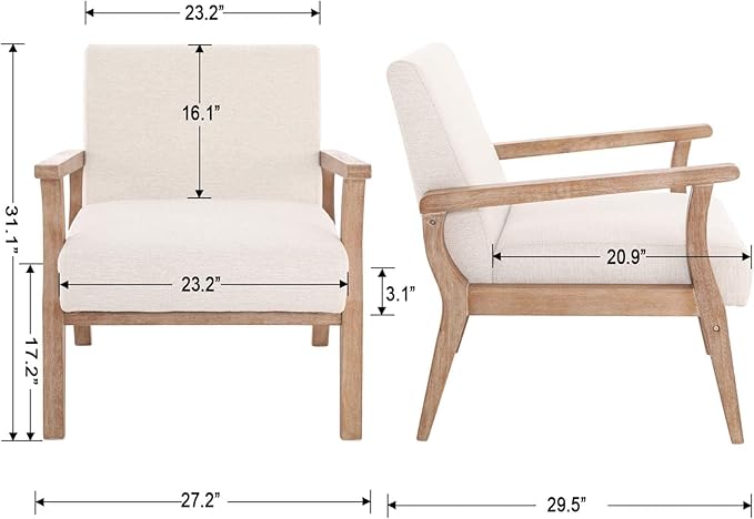 HNY Mid Century Modern Accent Chairs with Wood Frames Linen Upholstered Living Room Arm Chairs for Living Room Bedroom
