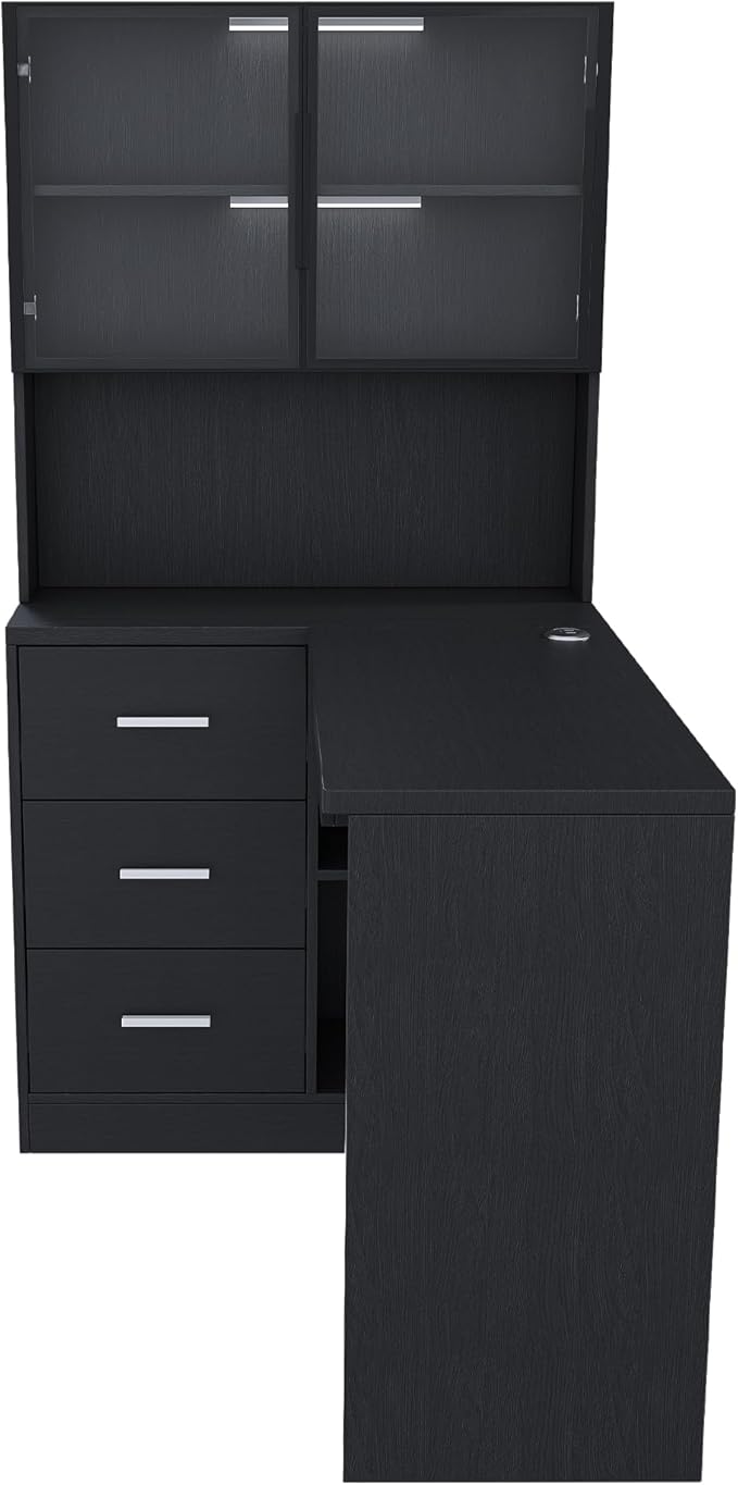 L-Shaped Home Office Desk with Glass Cabinets &amp Keyboard Tray Modern Corner Desk with LED Light &amp USB Wood Study Writing Table Gaming Computer Desk for Bedroom HomeBlack