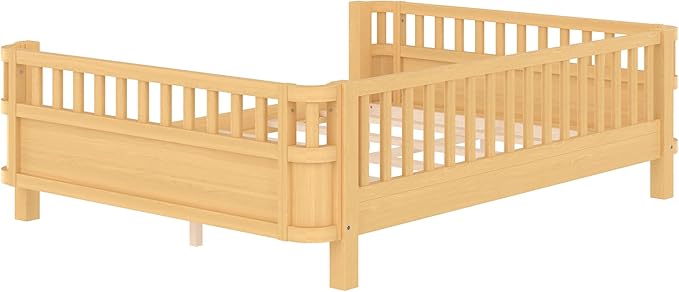 Bellemave Full Size Montessori Bed with Fence and Slats Full Size Low Platform Bed Frame with Detachable Side Bed Rails and Rounded Corner Design Easy Assemble Montessori Bed Natural