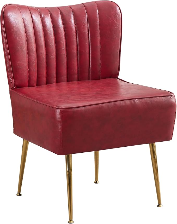 Modern PU Leather Accent Chair Upholstered Armless Wingback Side Chair with Golden Legs Comfy Single Sofa Cute Slipper Corner Chair for Living Room Bedroom Entryway Wine Red