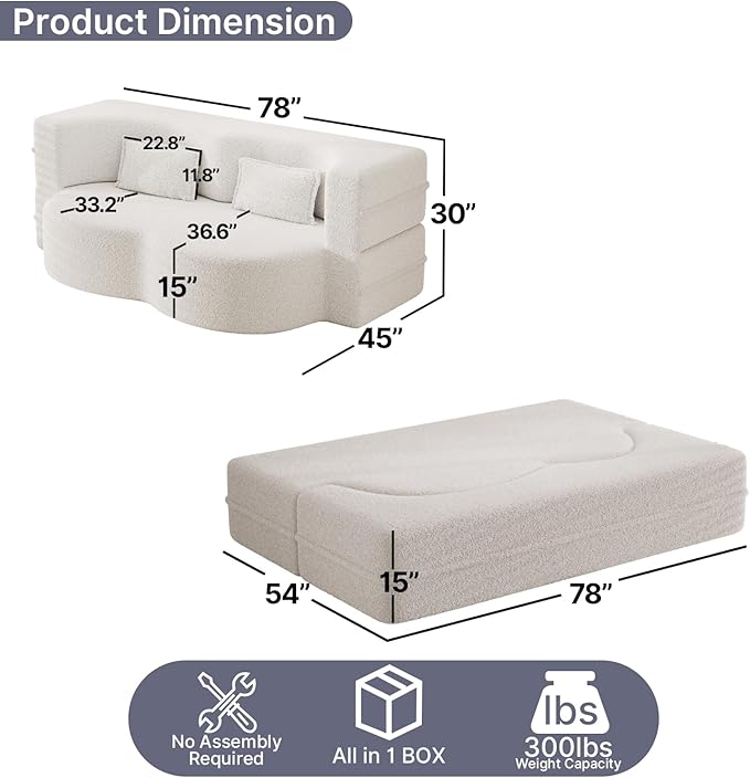78 Inch Couch Queen Sleeper Loveseat Cloud Sofa Bed Convertible Folding Teddy Full Size Boneless Sofabed for Living Room Guestroom Lazy Lounge Floor Fold Out Sofa Bed No Assembly (Beige)