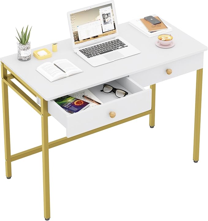 Weehom Computer Desk with Drawers Home Office Desk for Writing Studying and Gaming - Sturdy and Spacious Workstation for PC and Laptop(White and Gold)