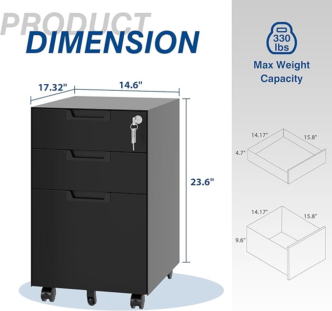 3 Drawer Vertical File Cabinet Mobile Filling Cabinets with Lock for Legal/Letter Size Pre-Built Office Storage File Cabinet with Wheels Under Desk - Fully Assembled