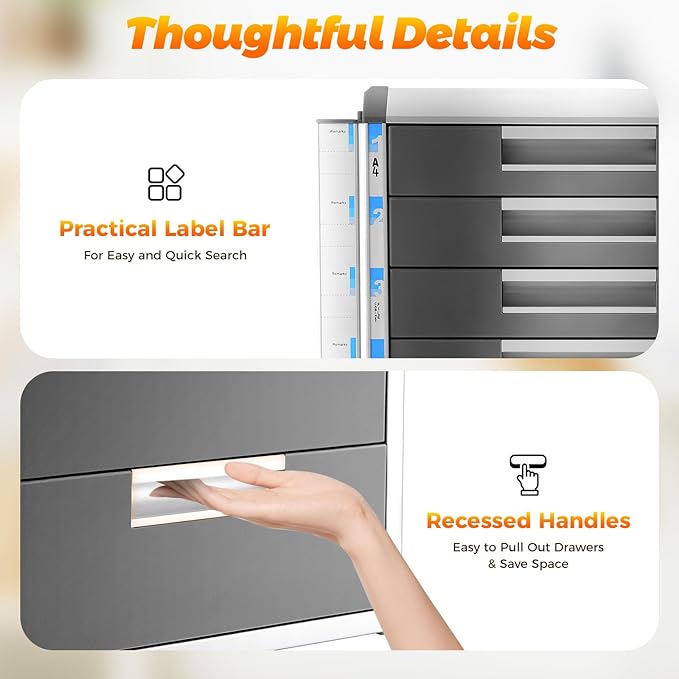 5 Drawers File Cabinet with Lock Metal Document Storage Cabinet with Keys Filing Organization Storage Cabinets for Office Home Aluminum Alloy Edge File Organizer