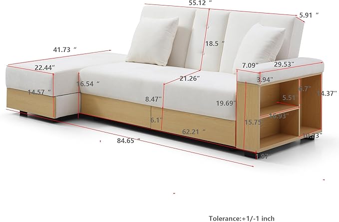 KEIKI Multi-Functional Sofa Sleeper with Storage Ottoman and Two Pull Out Drawer Fold Out Couch Bed with Side Storage Rack and Drop Down Table with 2 Cup Holders