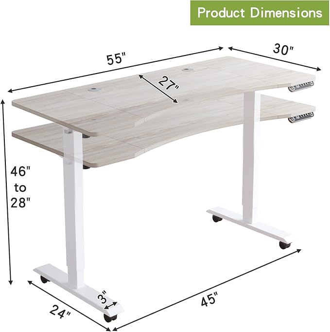 Radlove Electric Standing Desk 55 x 30 Height Adjustable Computer Desk Sit Stand Desk Home Office Desks with Splice Board and A Under Desk Cable Management Tray (White Frame + Oak Top)