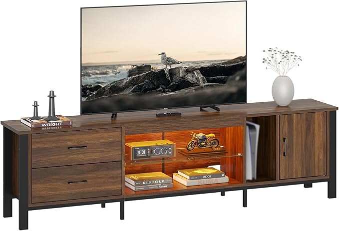 Bestier TV Stand for 75/80/85 inch TV LED Gaming Entertainment Center Modern TV Cabinet with Glass Shelves for Living Room Media Console with 2 Storage Drawers &amp Cabinets for Bedroom Walnut