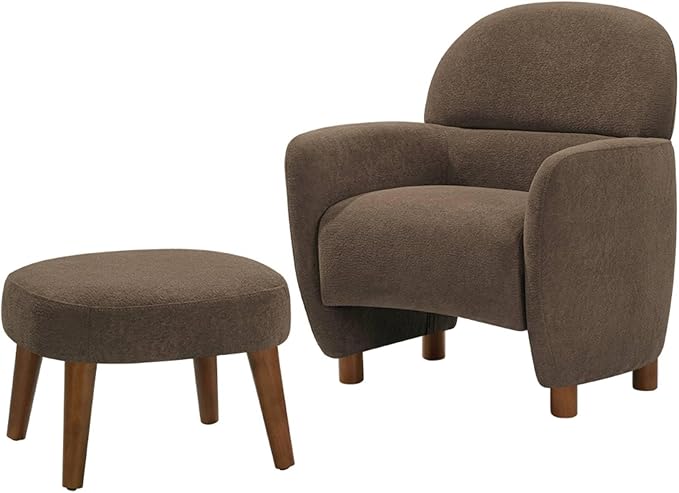 Modern Barrel Chair with Ottoman Upholstered Armchair with Wooden Legs Backrest Single Sofa Soft Cushion Seating Comfy Lounge Chair for Living RoomBedroomReading Corner (Brown)