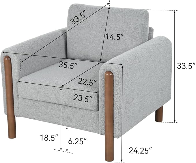 Chair ReclinerReclining ChairOversized Upholstered Accent Chair Comfy Living Room Sofa Chair with Walnut Legs and Curved Armrest Plush Teddy Fabric for Bedroom (Grey + Teddy)
