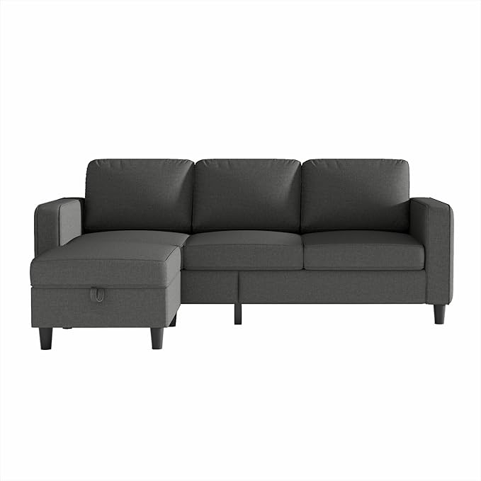 Sectional Sofa Couches for Living Room - 3-Seat Dark Gray L-Shaped Modern Sofa Couch with Reversible Storage Ottoman &amp Storage Pockets for Living Room Apartment Studio