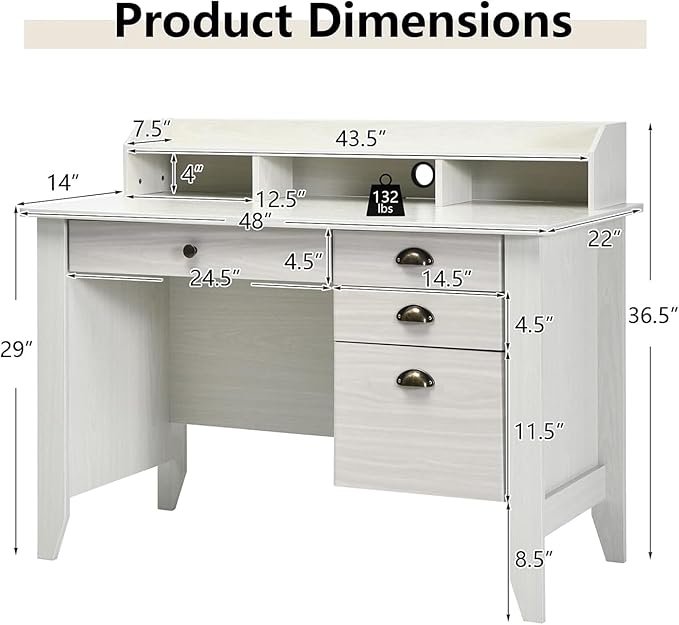 GOFLAME 48” Computer Desk with Hutch Vintage Home Office Desk with Storage Drawers &amp Shelves Space Saving Laptop PC Table Wooden Study Writing Workstation White