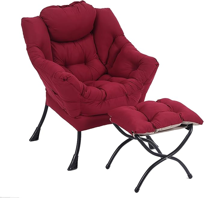 LITA Lazy Chair with Ottoman Modern Accent Leisure Upholstered Sofa Chairs Contemporary Lounge Reading Chairs with Armrests and a Side Pocket for Living Room Bedroom &amp Small Space Burgundy