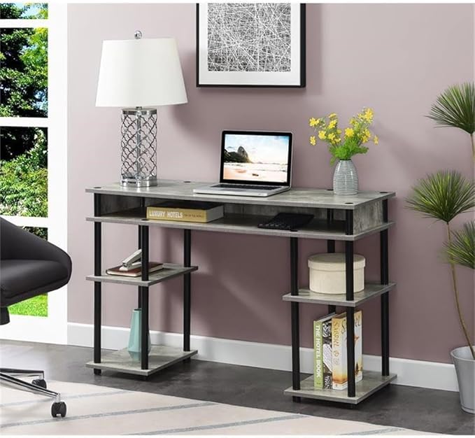 Pemberly Row No-Tools Student Desk 47.25 in x 15.75 in x 30 in Light Gray Wood Finish Particle Board and Stainless Steel Multiple Shelves Easy Assembly Modern Home Office or Dorm Workspace Desk