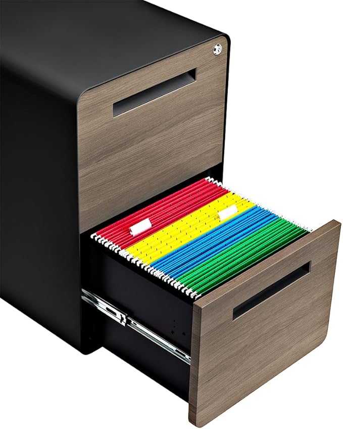 Laura Davidson Furniture Stockpile 2 Drawer Mobile File Cabinet with Lock - Under Desk Metal Filing Cabinet Legal/Letter File Folders Wheels and Stationary Feet Pre-Assembled Black/Wood