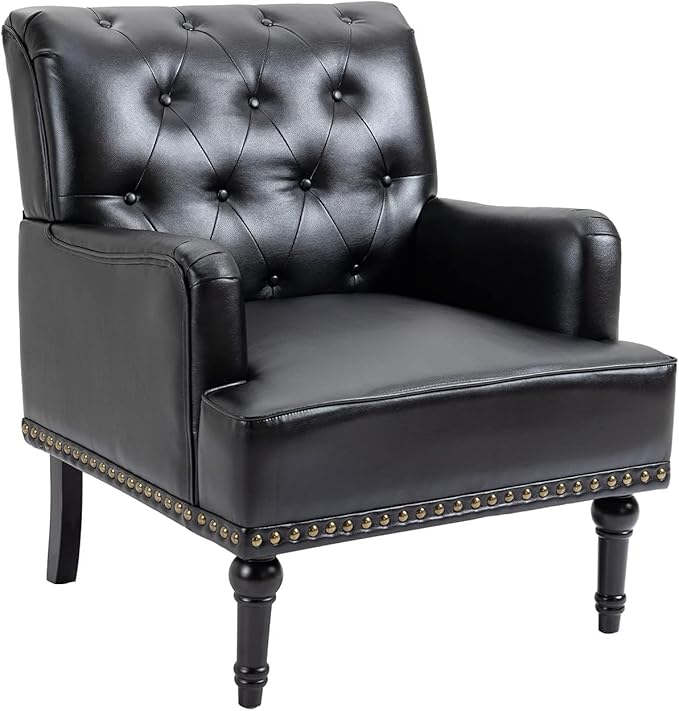 MOJAY Faux Leather Accent Chair Mid-Century Armchair Living Room Sofa Chair with Rubber Wood Leg Club Chair with Rivet Trim for Bedroom Reading Room Reception (Black)