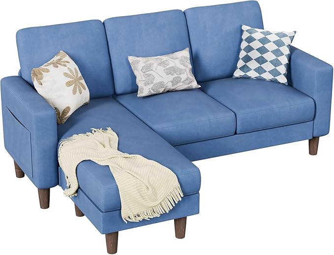 Homall Convertible Sectional Sofa 3 Seat L Shaped Couch with Side Storage Pocket Sofas with Movable Ottoman Small Linen Couches for Living Room &amp Apartment (Linen Fabric Blue)