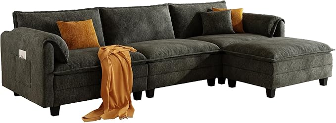 107 L Shaped Modular Sectional Cloud Couch with Pillow Deep Seat Sofa Couches for Living Room 4-Seat Modern Sofa with Movable Ottoman Comfortable Living Room Couch (Grey 107 Inch-L)