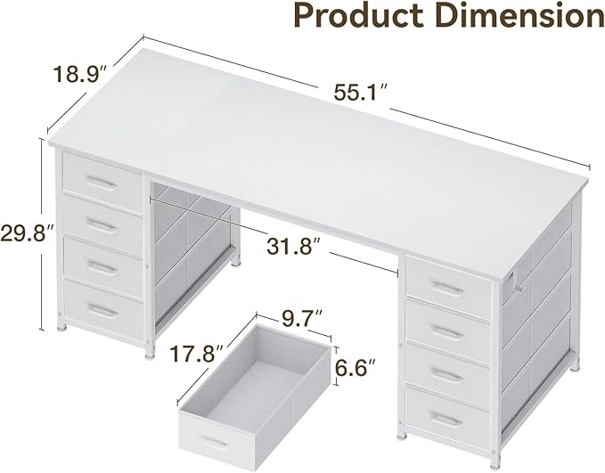 ODK 55 Inch Computer Desk with 8 Fabric Drawers Modern Office Desk with Large Storage for Home Office Study Gaming White