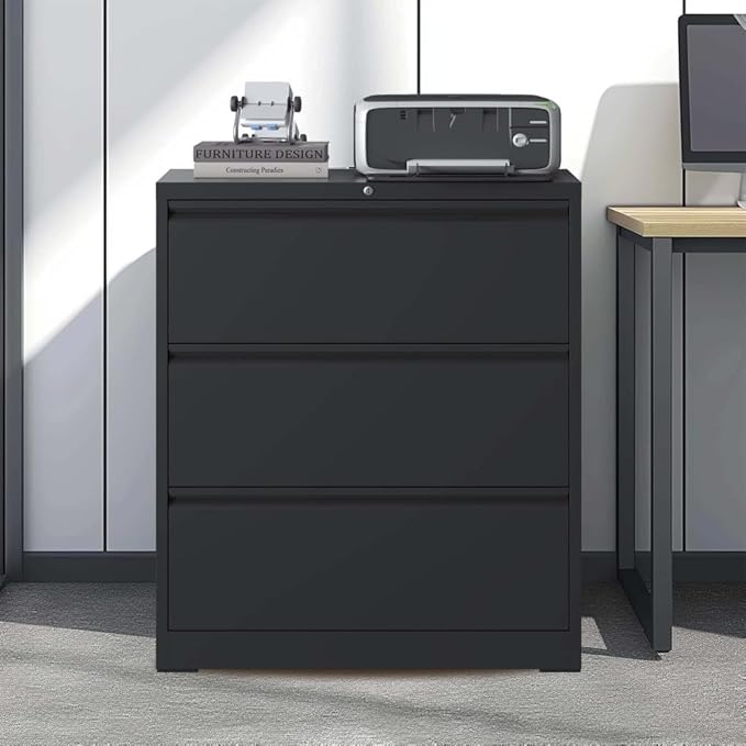 Lateral File Cabinet with Lock – Heavy-Duty Metal Filing Cabinet for Home Office Space-Saving Wide Storage for Letter/Legal/A4/F4 Silent Full-Extension Slides Easy-Assembly (Black + Modern)