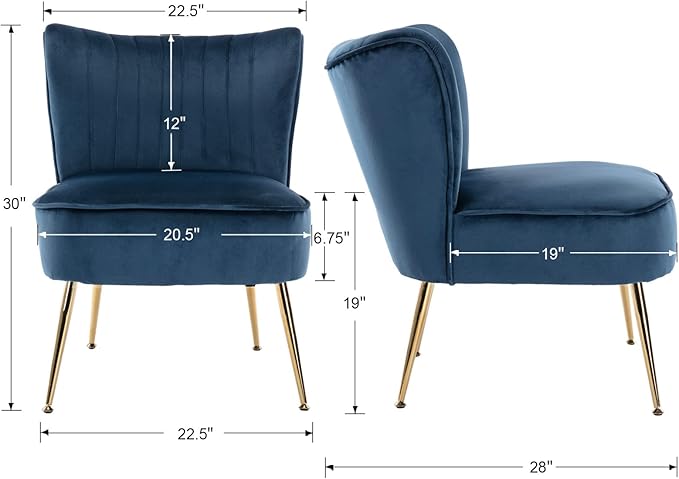 Blue Velvet Accent Chairs Set of 2 with Golden Legs Upholstered Side Chairs Mid-Century Modern Slipper Chairs for Guest Room Comfy Armless Wingback Corner Single Sofa Living Room Chairs
