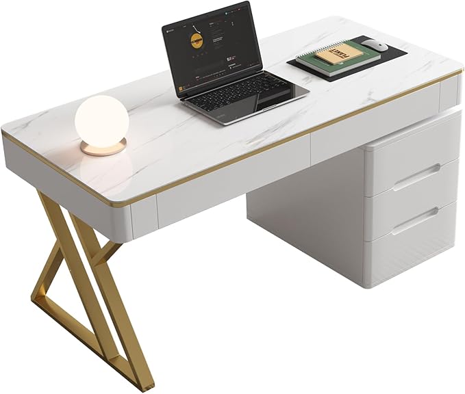 Wooden Computer Office Desk with Drawers for Home Office - White Gaming Desk with Tempered Glass Top - Thickened Lacquered PC Desk and Writing Desk - Escritorios para Computadoras (Z-105)