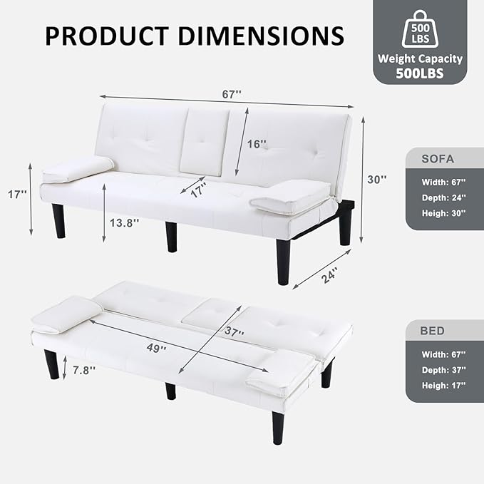 Futon Sofa Bed PU Leather Modern Convertible Futon Couch with Removable Armrests Cup Holders Loveseat Sleeper Sofa Bed for Living Room Apartment Small Spaces (White)