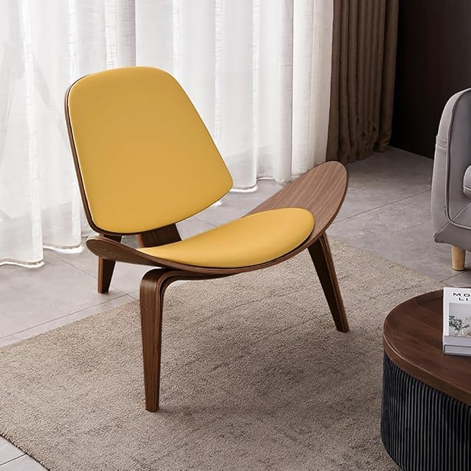 homary Leather Walnut Tripod Accent Chair High Back Lounge Chair with Soft Faux Leather Seat Sturdy Wood Frame for Living Room Bedroom (Black &amp Yellow)