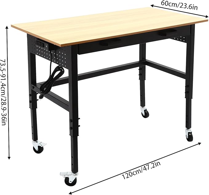 Mobile Standing Desk with Power Outlet Adjustable Height Rolling Workbench 2 Tier Computer Laptop Desk with Lockable Universal Wheels for Home Office Garage Easy to Assemble