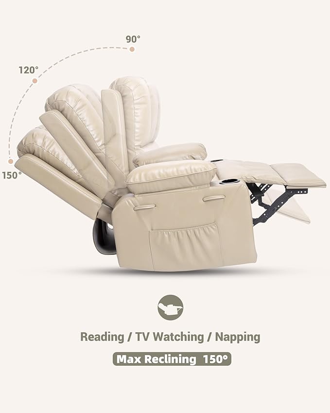 22 in Leather Recliner Chair for Adults Overstuffed Manual Recliner Chair Single Sofa with Cup Holder and Side Pockets Upholstered Chair for Living Rooms Creamy