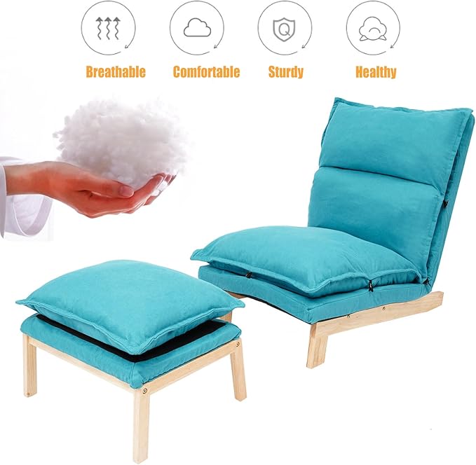 Modern Sofa Bed Chair with Ottoman 5-Position Adjustable Recliner Lounge - Accent Reading Chair for Bedroom Living Room Balcony - 330lbs Capacity (Blue)