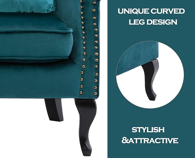 Kmax Velvet Club Chair Tufted Throne Chair Mid Century Accent Wingback Chair Padded Seating Wood Legs Home Club Bedroom Living Room Teal Blue