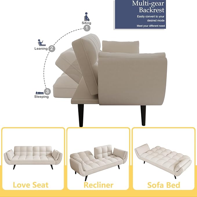 Velvet Futon Sofa Couch Bed with 2 Pillows Convertible Folding Futon Couch with Adjustable Backrest Love Seat Sleeper Sofa Bed for Small Spaces Living Room Office Apartment (Beige)