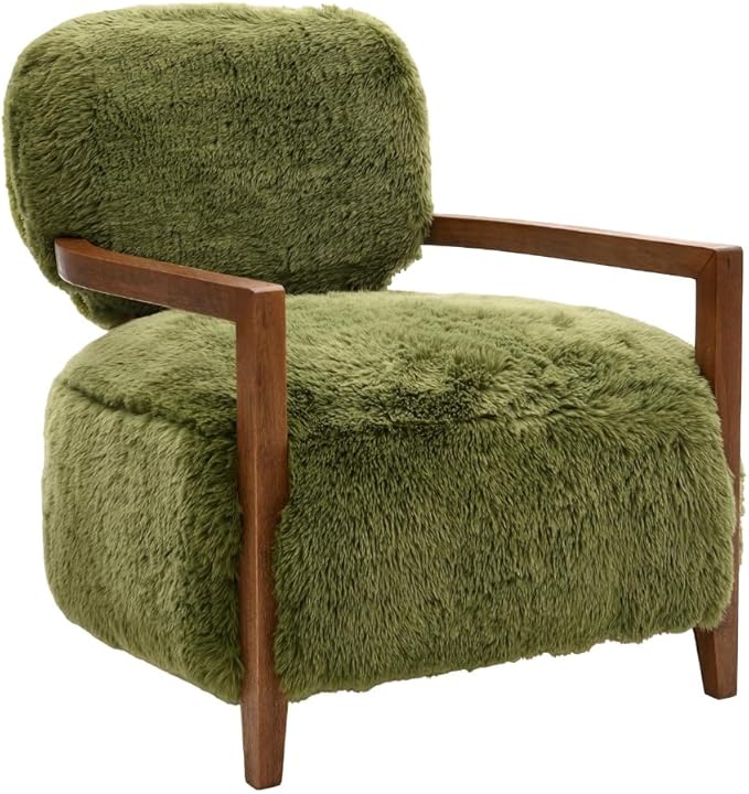 Modern Luxury Reading Chair with Wooden HandrailComfortable Faux Fur Side Chair Accent Chair for ApartmentLiving RoomOfficeStudyGreen.